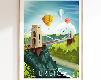 Bristol Poster | Clifton Print | Clifton Suspension Bridge | Hot air balloon art | England | UK England Travel Art Decor | Provincial Cities