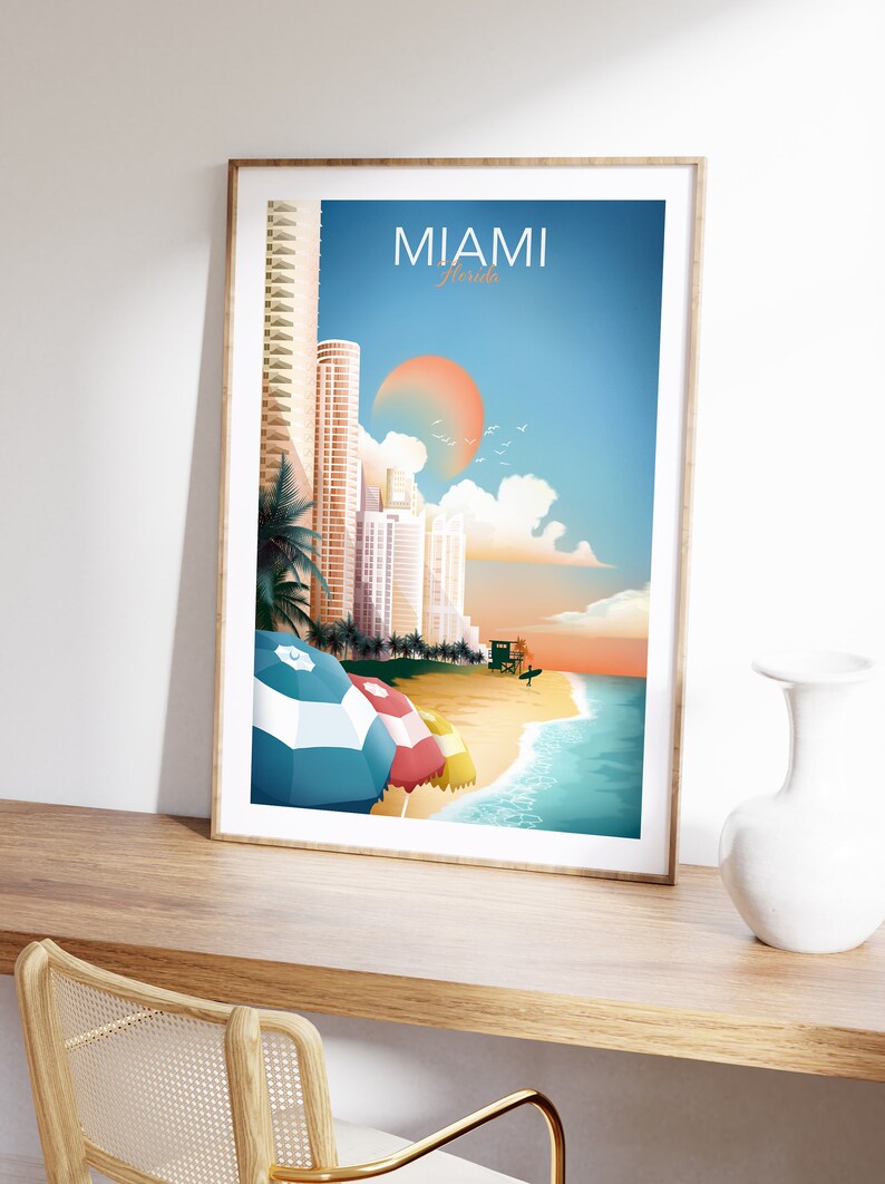 Miami Wandkunst, Miami Skyline, Florida Wandkunst, Reise Thema Wandkunst, Wohnzimmer Dekor, Büro Wandkunst Bild 6