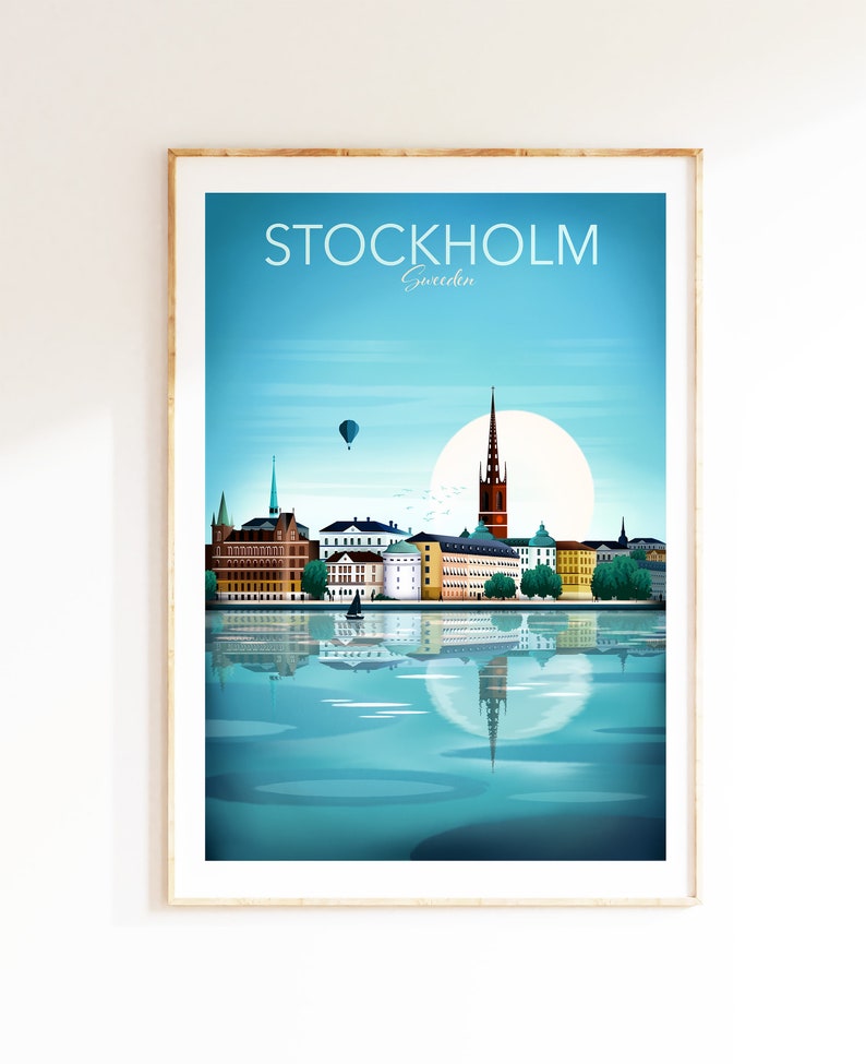 Stockholm print, skyline van Stockholm, Scandinavische kunst aan de muur, reisposter, woonkamer, kantoormuurkunst, cadeau, souvenir afbeelding 1