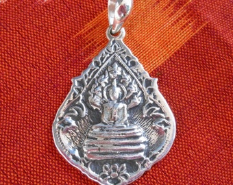 Charm Amulet sterling Silver Buddha Pendant / Silver 925 / 1.25 inch long / Buddha under protection of Naga King