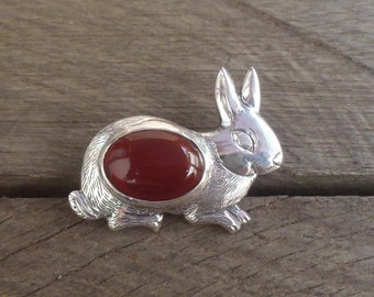 Balinese sterling Silver red carnelian Rabbit brooch / silver 925 / Bali handmade jewelry art / 1.50 inch long / (#2307m)