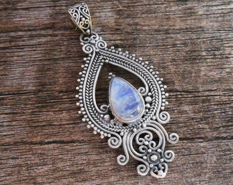 Bali Silver sterling Moonstone gemstone pendant / silver 925 / Balinese handmade art jewelry / 2 inch long / (#109p)