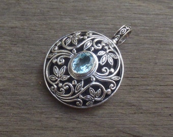 Balinese sterling silver genuine blue topaz pendant / silver 925 / Bali handmade art jewelry / 1.50 inch long / (#98m)