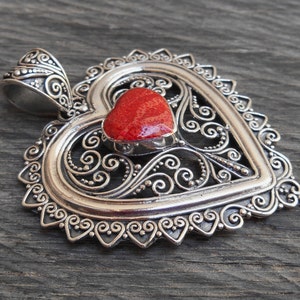 Bali Sterling Silver red coral Heart Pendant / silver 925 / Balinese unique jewelry / 2 inch long / (#17p)