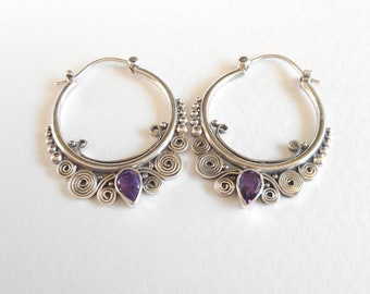 Balinese Hoop Sterling Silver genuine purple Amethyst gemstones Earrings / 1.35 inch long / silver 925 / Bali  art jewelry / (#220m) / N