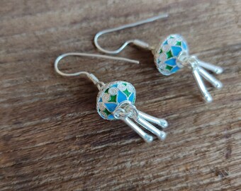 Sterling Silver blue green enamel dangle earrings / silver 950 / Cloisonné technique / 4.7 cm long  ( #883m )