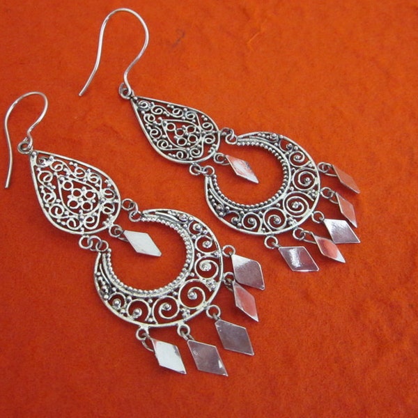 Unique Balinese Silver sterling chandelier Earrings / silver 925 / Bali Handmade art Jewelry / 2.75 inches long / (#1m) M