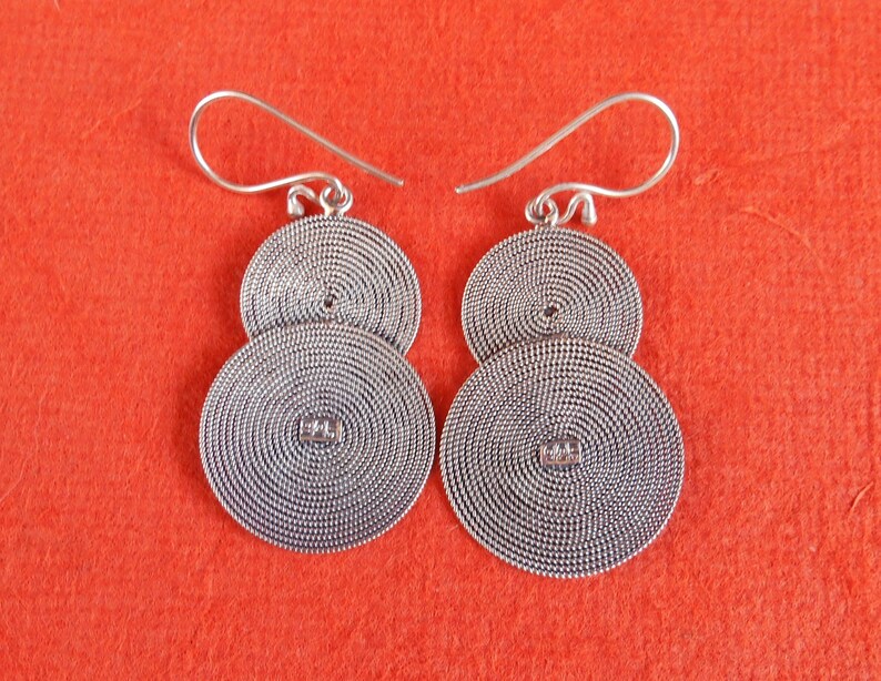 #790m Double Circle Silver sterling dangle Earrings 2 inch long silver 925 Handmade Bali jewelry