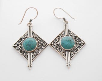 Balinese solid Sterling Silver genuine turquoise dangle earrings / silver 925 / Bali handmade jewelry / 2 inch long