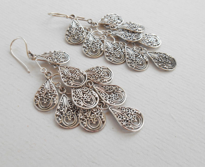 Balinese chandelier Silver 925 Earrings / Bali handmade art earrings / silver 925 / 3 inch long / 614m image 2