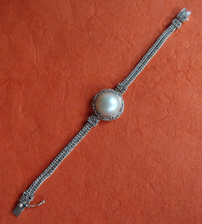 Chain sterling Silver Bracelet white ocean Mabe pearl Silver 925 Bali handmade jewelry
