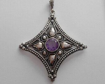 Balinese Sterling Silver Pendant Amethyst / silver 925 / Bali handmade art silver art / 2 inches long / silver granulation art / (#200p)