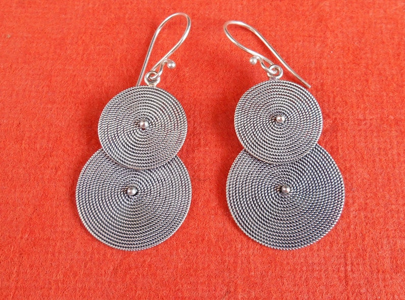 #790m Double Circle Silver sterling dangle Earrings 2 inch long silver 925 Handmade Bali jewelry