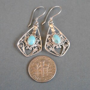 Balinese Sterling Silver Turquoise gemstone dangle earrings / Bali handmade art jewelry / silver 925 / 306K image 10