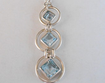 Balinese sterling silver genuine blue Topaz gemstone pendant / 2 inch long / silver 925 / Bali handmade art jewelry ( #17K)