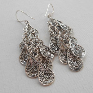 Balinese chandelier Silver 925 Earrings / Bali handmade art earrings / silver 925 / 3 inch long / 614m image 4