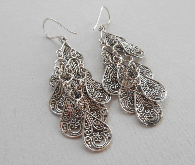 Balinese chandelier Silver 925 Earrings / Bali handmade art earrings / silver 925 / 3 inch long / 614m image 4