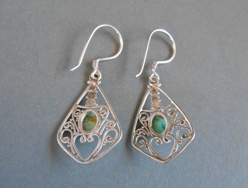Balinese Sterling Silver Turquoise gemstone dangle earrings / Bali handmade art jewelry / silver 925 / 306K image 9