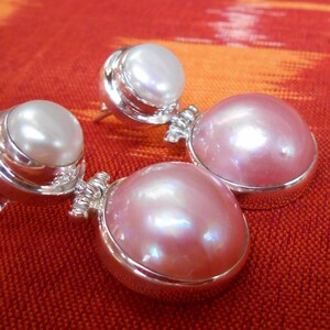 Elegant 1.15 inch Sterling Silver stud Pearl Earrings / Freshwater and Mabe ocean Pearl / Silver 925 / Bali handmade jewelry. image 3
