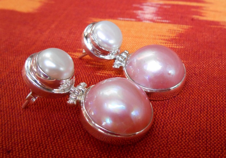 Elegant 1.15 inch Sterling Silver stud Pearl Earrings / Freshwater and Mabe ocean Pearl / Silver 925 / Bali handmade jewelry. image 3