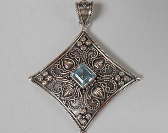 Balinese Sterling Silver sky blue Topaz gemstone pendant / silver 925 / Bali handmade granulation jewelry / 2 inches long / (#612m)