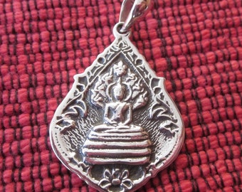 Charm Amulet sterling Silver Buddha Pendant / Silver 925 / 1.25 inch long / Buddha under protection of Naga King