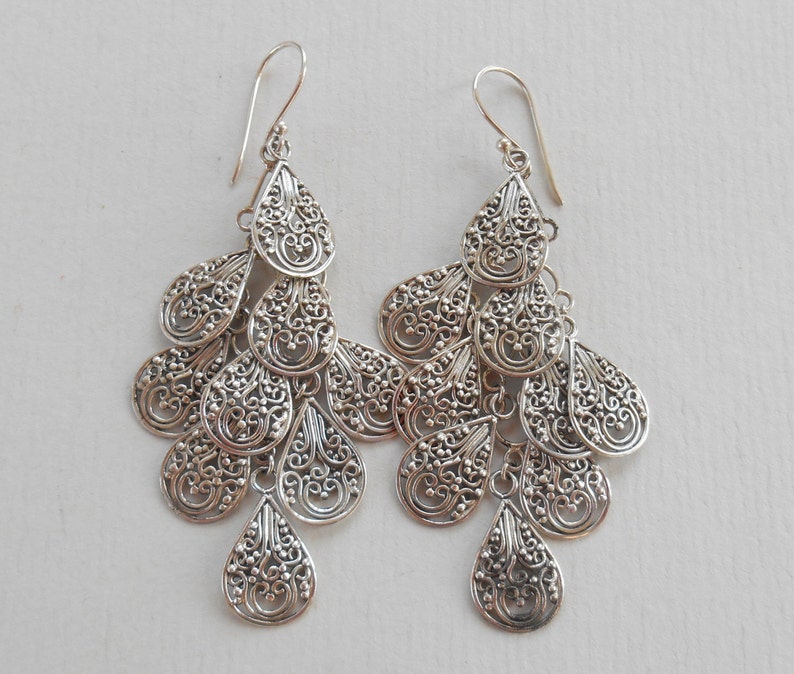 Balinese chandelier Silver 925 Earrings / Bali handmade art earrings / silver 925 / 3 inch long / 614m image 3