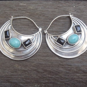 Large Silver sterling Amazonite black Onyx Hoop Earrings / 1.50 inch / silver 925 / Handmade Bali art jewelry / 720m image 9