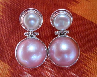 Elegant 1.15 inch  Sterling Silver stud Pearl Earrings / Freshwater and Mabe ocean Pearl /  Silver 925 / Bali handmade jewelry.