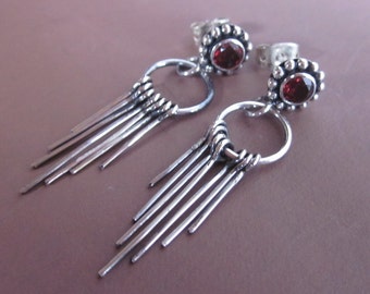 Bali Handmade Silver Garnet Stud Earrings / silver / 1.50 inch long / Bali jewelry / Garnet Earrings / (#89m)