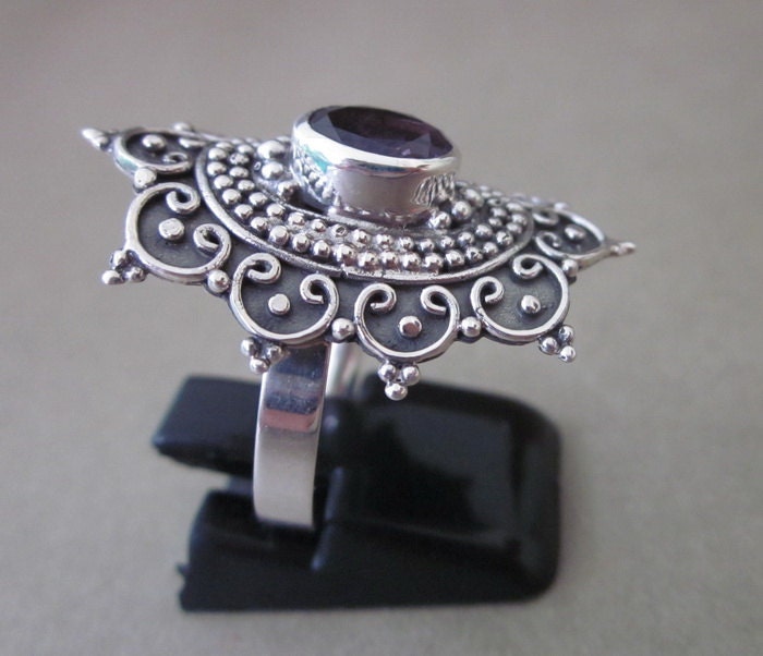 Balinese Sterling Silver Traditional style Amethyst Ring / US Etsy