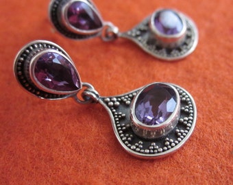 Bali 925 Silver amethyst stud Earrings / Amethyst Earrings / sterling silver / Balinese Handmade art Earrings /(#242K)