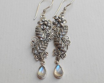 Sterling Silver moonstone gemstone floral design dangle earrings / silver 925 / Balinese art jewelry / 2 inch long / (#30ez)