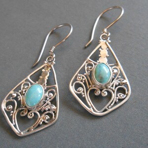 Balinese Sterling Silver Turquoise gemstone dangle earrings / Bali handmade art jewelry / silver 925 / 306K image 7