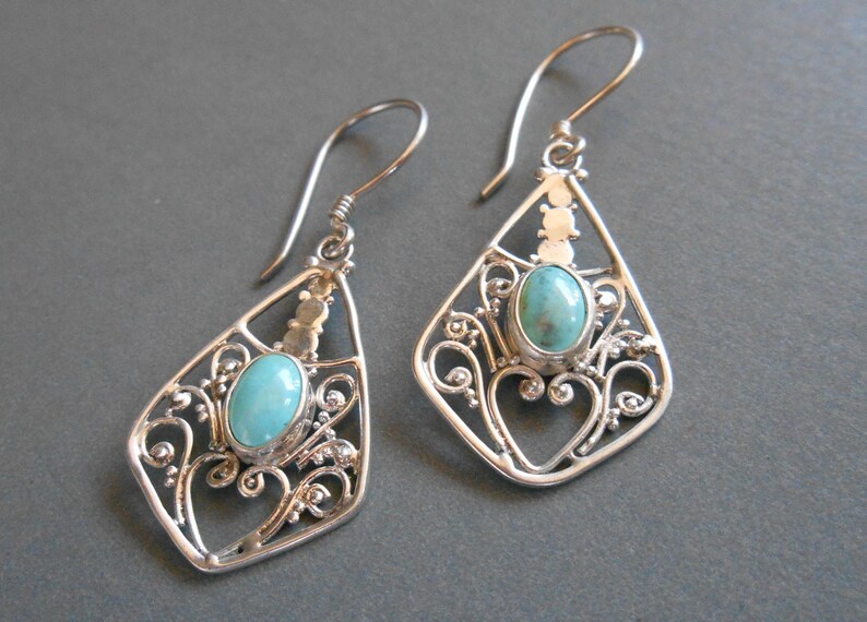 Balinese Sterling Silver Turquoise gemstone dangle earrings / Bali handmade art jewelry / silver 925 / 306K image 7