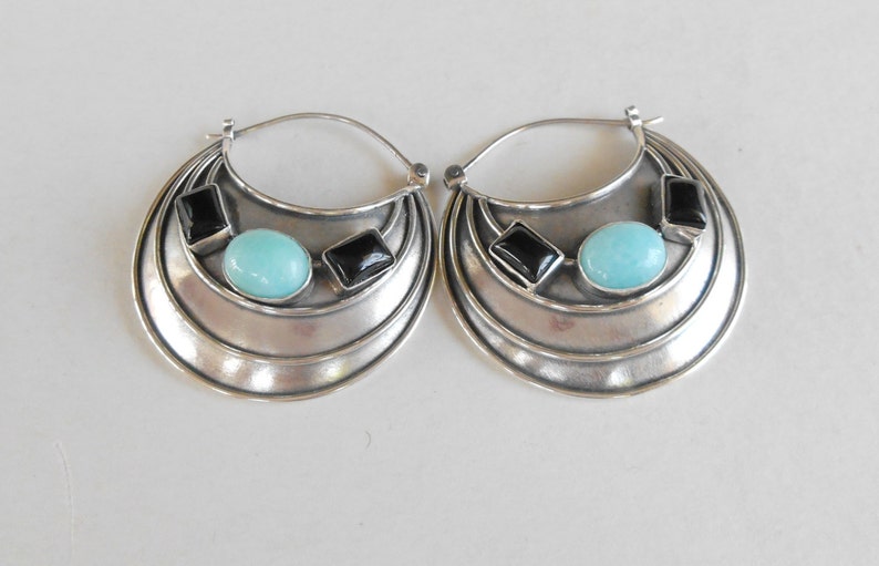 Large Silver sterling Amazonite black Onyx Hoop Earrings / 1.50 inch / silver 925 / Handmade Bali art jewelry / 720m image 1