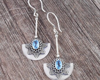 Bali 1.75 inch long Sterling Silver blue Topaz gemstone dangle Earrings / Balinese Handmade art Jewelry / silver 925 / (#113ez)