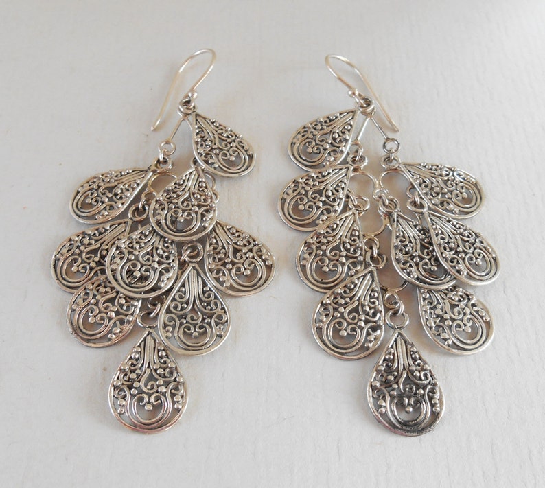 Balinese chandelier Silver 925 Earrings / Bali handmade art earrings / silver 925 / 3 inch long / 614m image 1