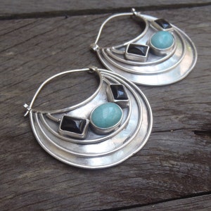 Large Silver sterling Amazonite black Onyx Hoop Earrings / 1.50 inch / silver 925 / Handmade Bali art jewelry / 720m image 5