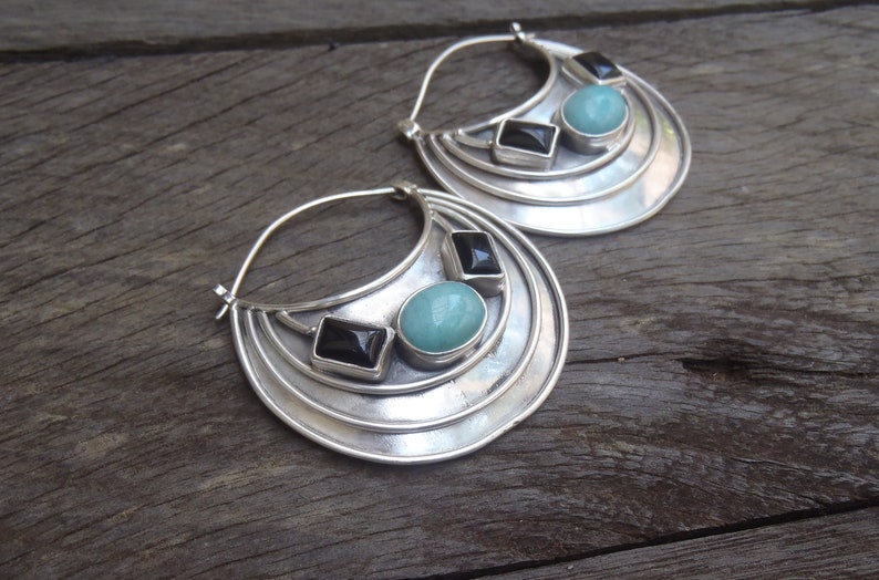 Large Silver sterling Amazonite black Onyx Hoop Earrings / 1.50 inch / silver 925 / Handmade Bali art jewelry / 720m image 5