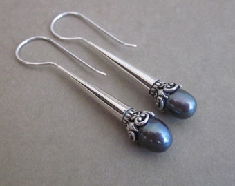 Bali Sterling Silver Gray Freshwater Pearl earrings / 1.75 inch long / Balinese handmade jewelry / (#11m)