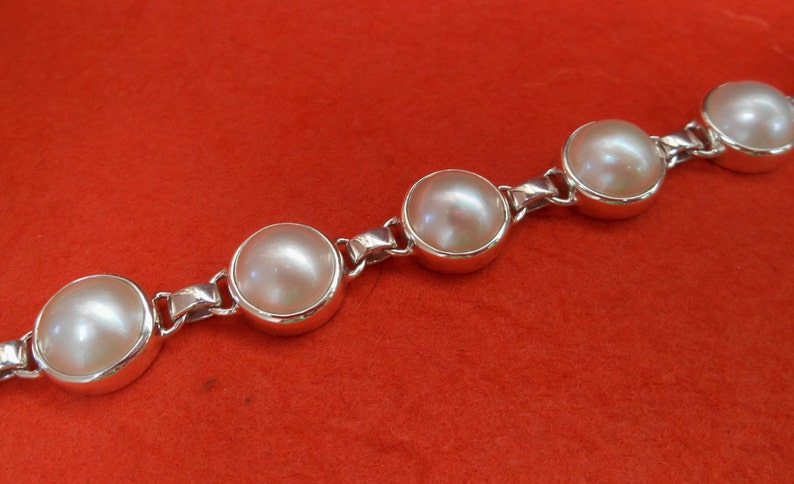 White ocean mabe pearl chain sterling Silver bracelet Silver 925 Bali handmade jewelry #124B