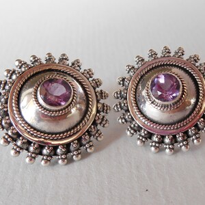 Silver sterling genuine amethyst gemstone stud Earrings / Granulation handmade jewelry art / silver 925 / (#51m)