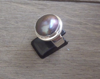 Balinese Sterling Silver gray black ocean mabe Pearl Ring / Silver 925 / request your size / Bali handmade jewelry art / (#361m)