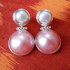 Elegant 1.15 inch Sterling Silver stud Pearl Earrings / Freshwater and Mabe ocean Pearl / Silver 925 / Bali handmade jewelry. image 5
