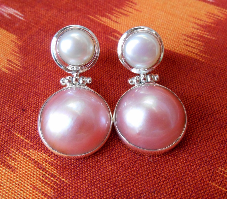 Elegant 1.15 inch Sterling Silver stud Pearl Earrings / Freshwater and Mabe ocean Pearl / Silver 925 / Bali handmade jewelry. image 5