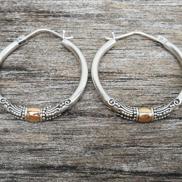 1.25 inch Balinese Sterling Silver Hoop circles creolen earrings /  gold 18 ct / silver 925 / Bali Handmade Jewelry / (#423m)
