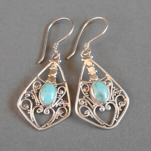 Balinese Sterling Silver Turquoise gemstone dangle earrings / Bali handmade art jewelry / silver 925 / 306K image 5