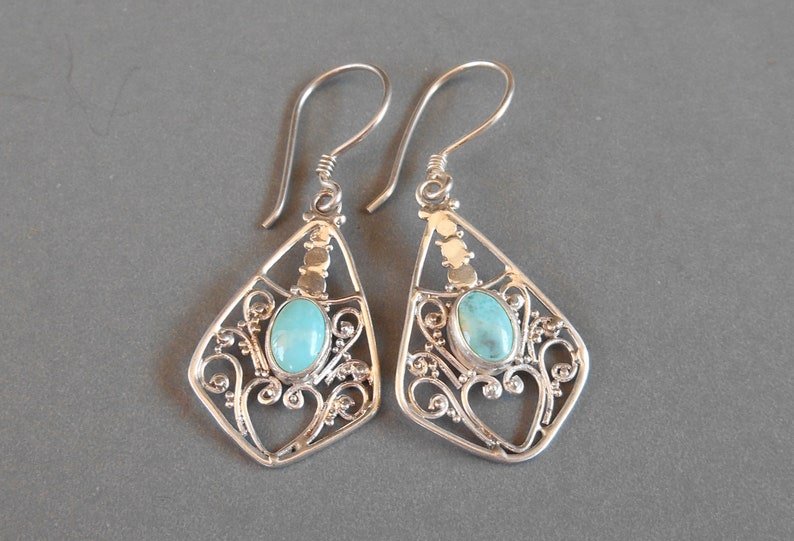 Balinese Sterling Silver Turquoise gemstone dangle earrings / Bali handmade art jewelry / silver 925 / 306K image 5