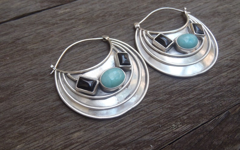 Large Silver sterling Amazonite black Onyx Hoop Earrings / 1.50 inch / silver 925 / Handmade Bali art jewelry / 720m image 7